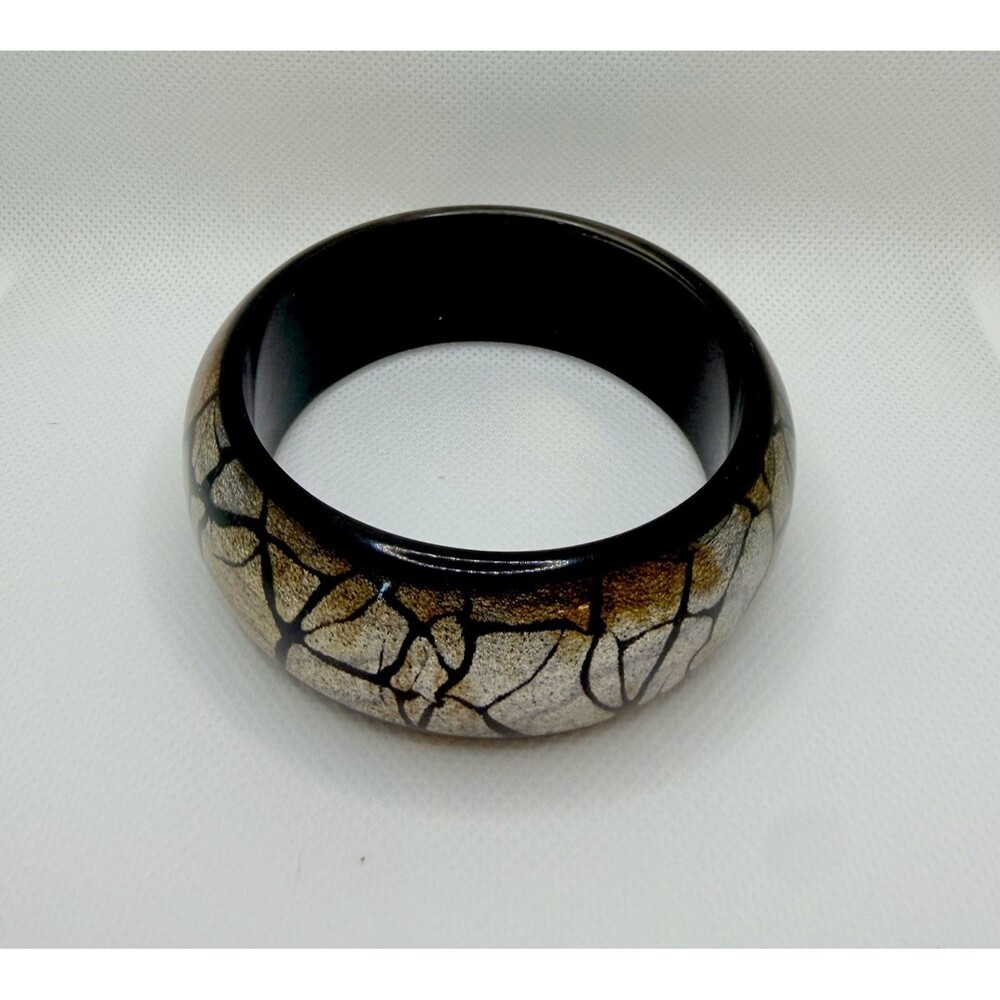 Chunky Lucite Bangle Bracelet with Silver and Gold Foil Crackle Pattern